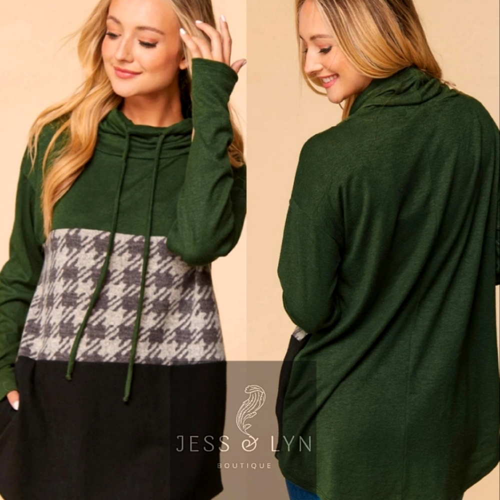🆕 3 Tone Cowl Neck Drawstring Sweater with Pockets